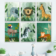 Jungle Animals Nursery Wall Art – Lion, Elephant, Giraffe, Zebra & Leopard Canvas Print