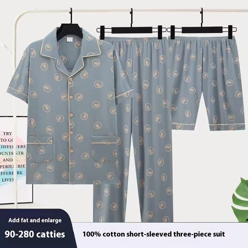 Three-piece Pajamas Men's Summer Pure Cotton Short Sleeve Trousers Suit