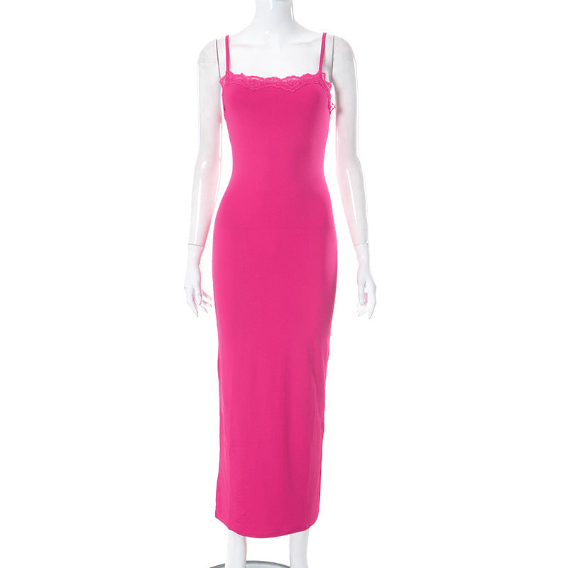 Women's Summer New Solid Color Casual Lace Backless Strap Slim Long Dress