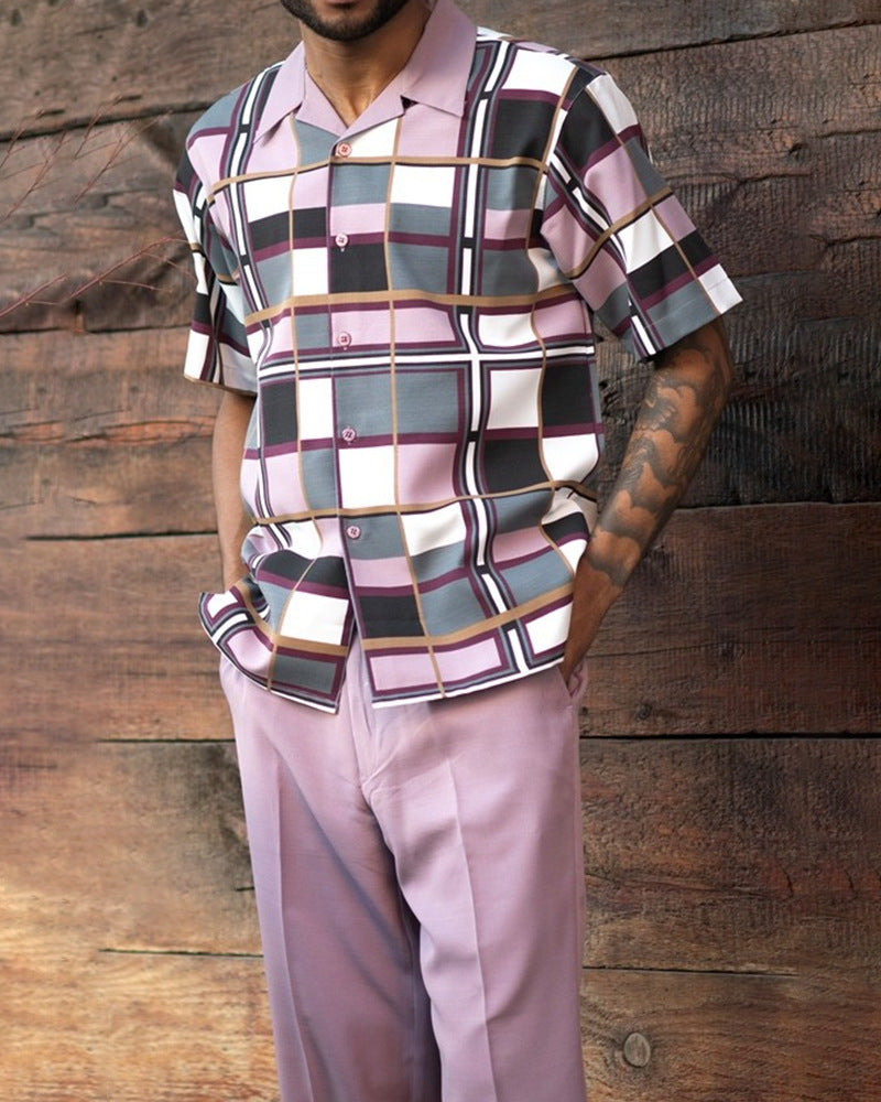Plus Size Men's Short Sleeve Lapel Shirt Casual Pants Set