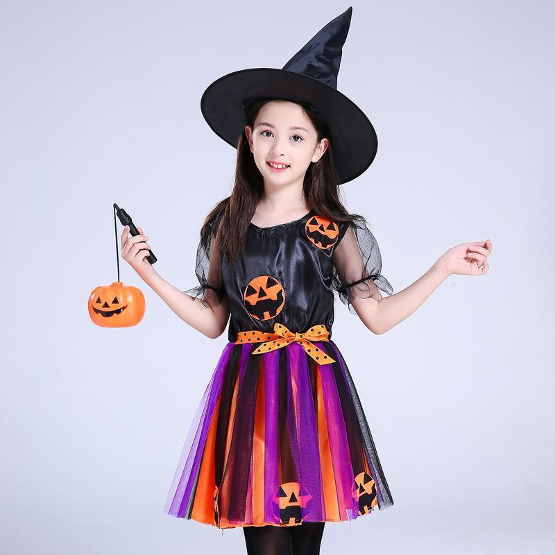 Children’s Halloween Costume Witch Dress with Hat Pumpkin Cosplay Outfit