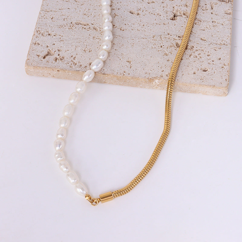 Popular Freshwater Pearl Necklace Heavy Metal Chain Design Titanium Steel Clavicle Chain
