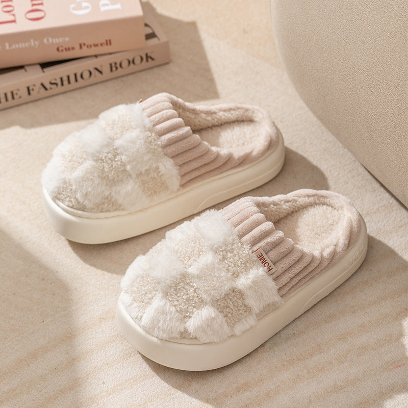Women’s Plaid Plush Slippers – Indoor Warm Non-Slip Thick Sole Home Shoes Autumn Winter