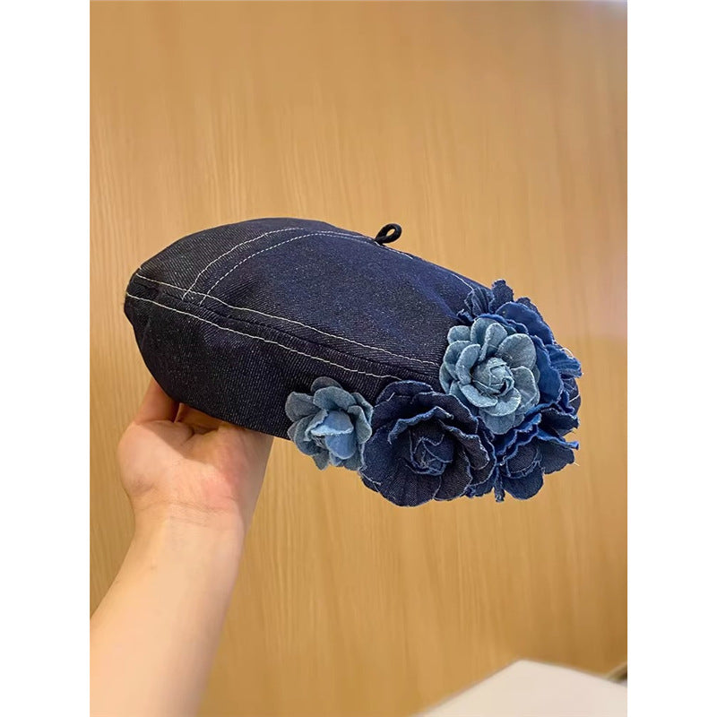 Japanese Minority Contrast Color Three-dimensional Flowers Denim Beret