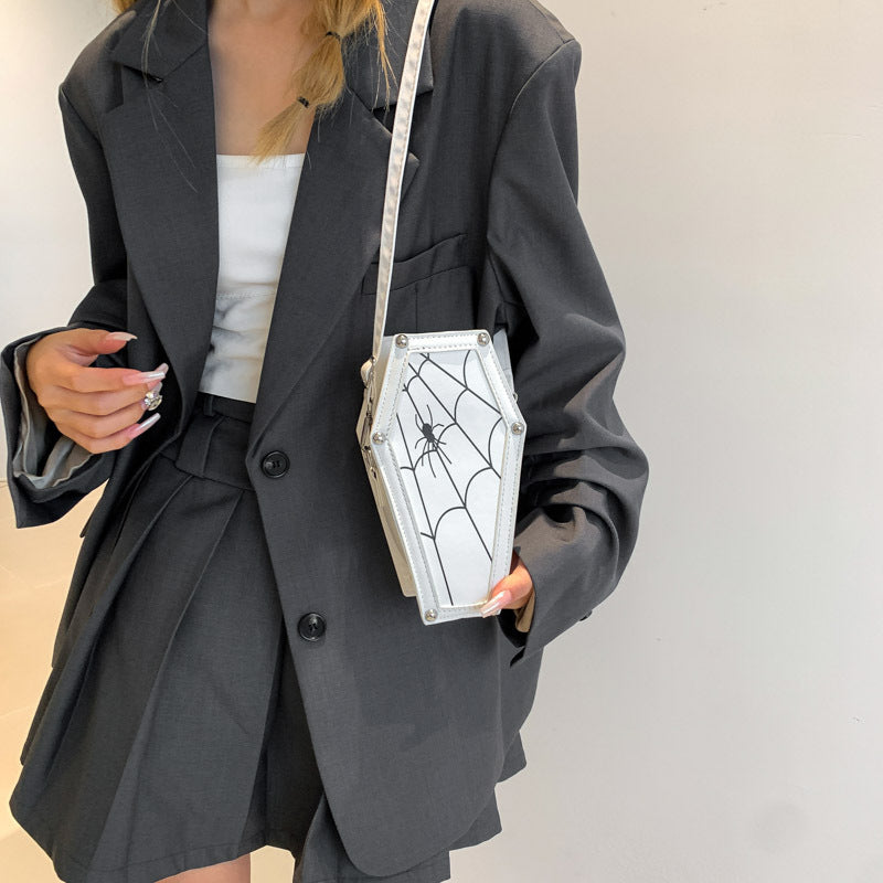 Halloween Coffin-Shaped Shoulder Bag – Gothic Spider Web Crossbody Messenger Purse