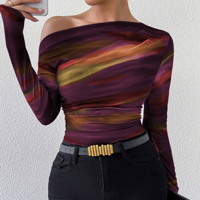 Womens Apricot Tie Dye Print Long Sleeve Crop Knit Tee Slim