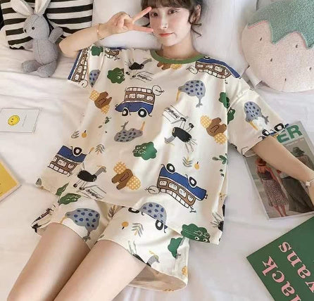 Womens Relaxed Milk Silk Strawberry Blue Homewear Summer