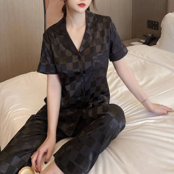 Women's Fashion Jacquard Plaid Ice Silk Home Wear Suit