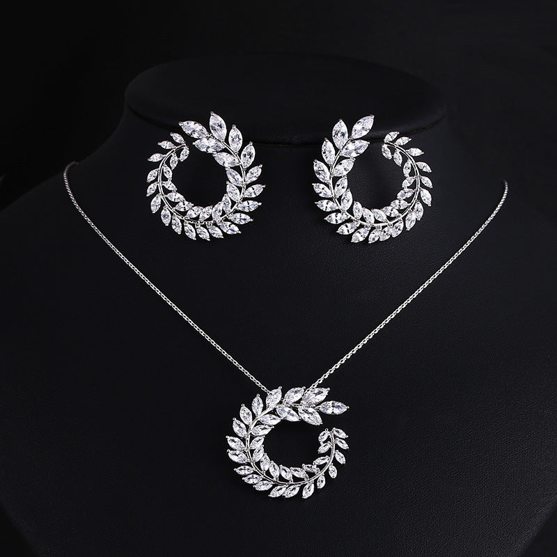 Classic Style High-end Necklace Earrings Set Olive Branch Bridal Jewelry