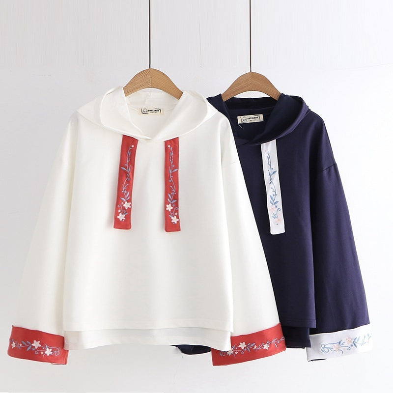 Women Embroidered Hooded Cotton Pullover Hoodie Solid Color