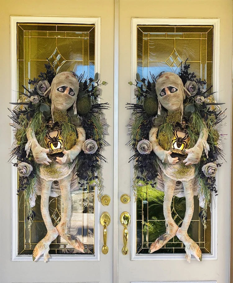 Halloween Mummy Wreath Pendant – Spooky Door Hanging Decoration for Haunted House and Party Supplies