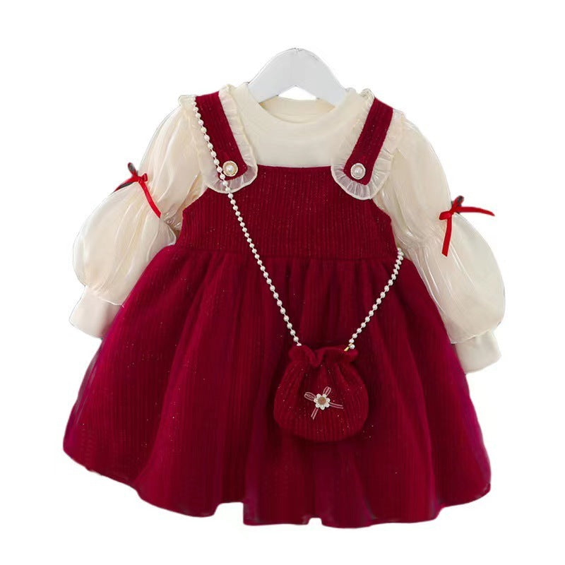 Girls' Bubble Sleeve Suspender Skirt Two-piece Suit Sending Blessing Bags