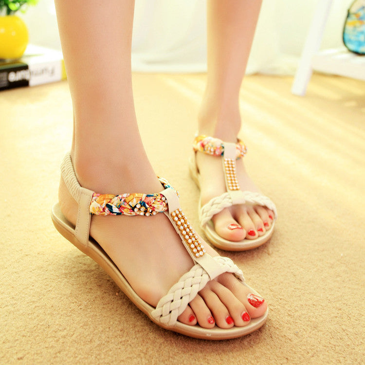 Women's Summer Bohemian Sandals Rhinestone Flat-heeled Flat Peep Toe Shoes