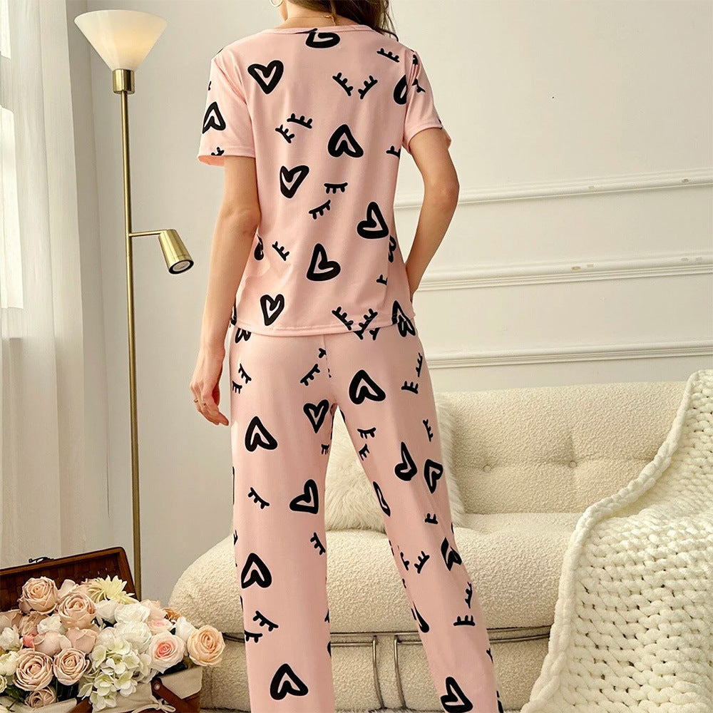 Women's Printed Round Neck Short-Sleeved Top and Trousers Two-Piece Loungewear Set