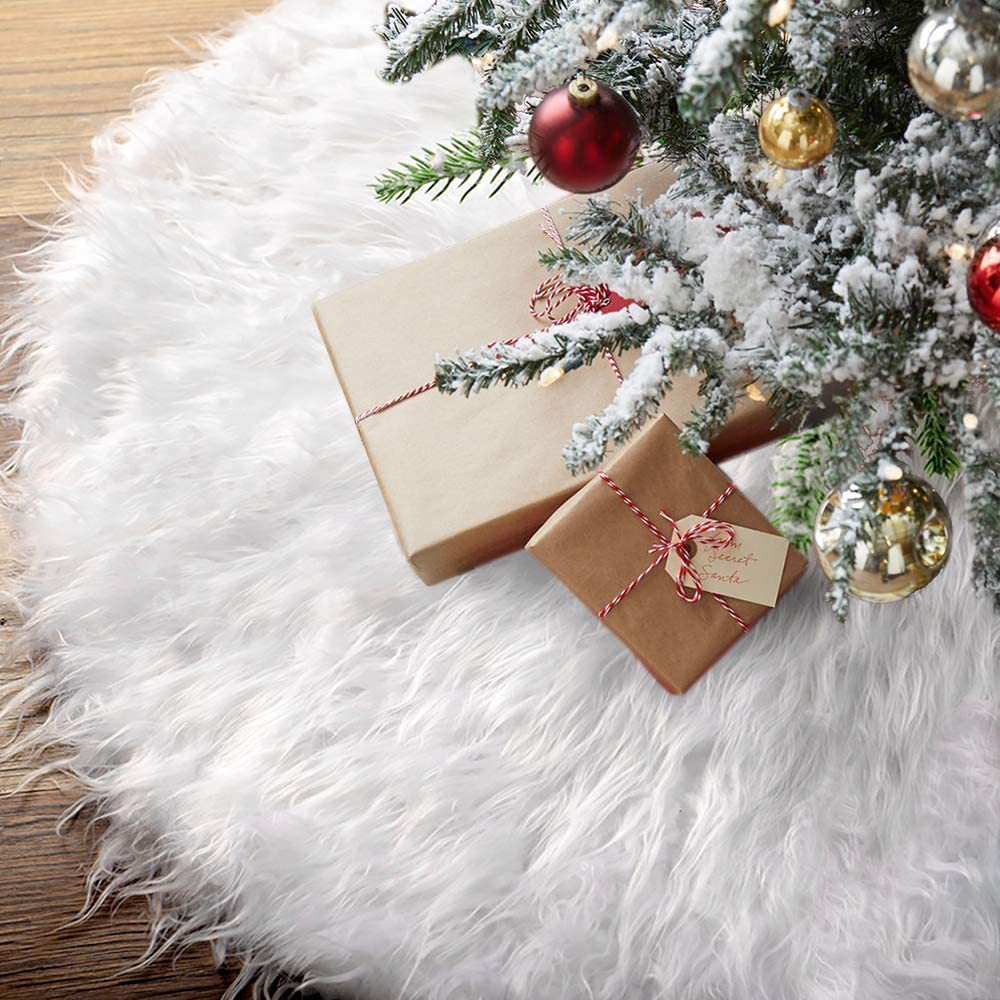 White Faux Fur Christmas Tree Skirt Plush Holiday Decoration