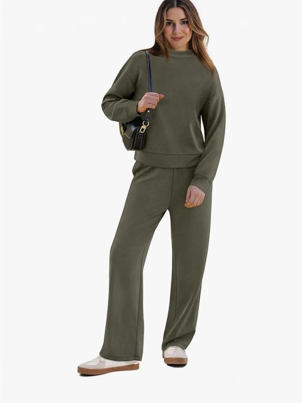Women's Casual Long-Sleeve Wide-Leg Pants Set Polyester