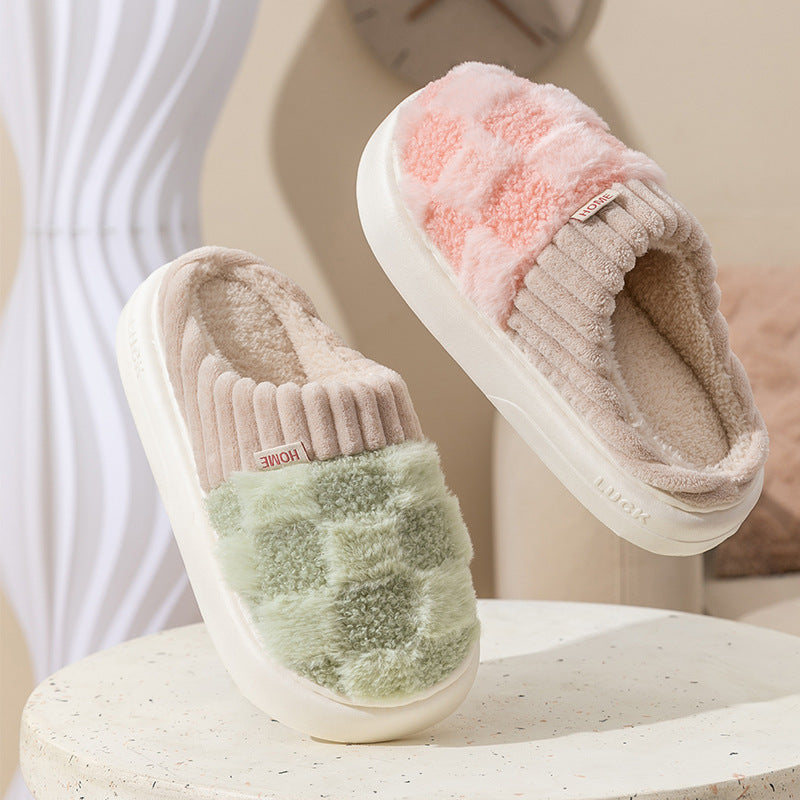Women’s Plaid Plush Slippers – Indoor Warm Non-Slip Thick Sole Home Shoes Autumn Winter
