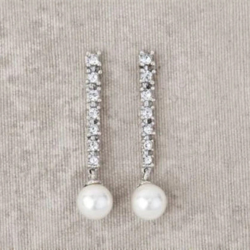 Women's Sterling Silver Needle Zircon Pearl Stud Earrings