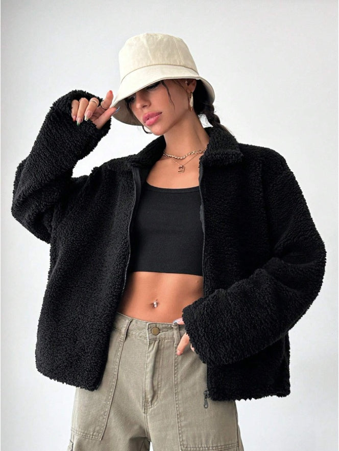 Women's Regular Fit Teddy Fleece Drop Shoulder Jacket