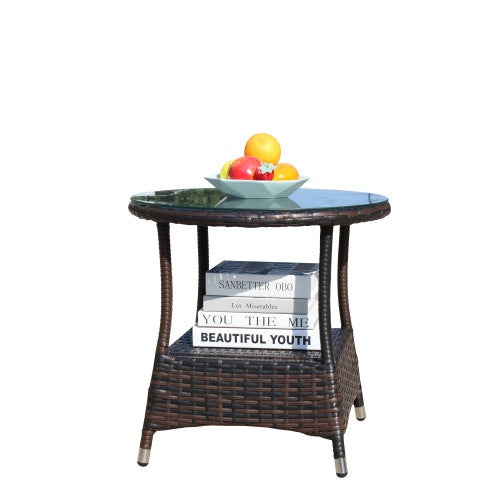 Brown Rattan Outdoor Patio Round Coffee Table with Clear Tempered Glass Top
