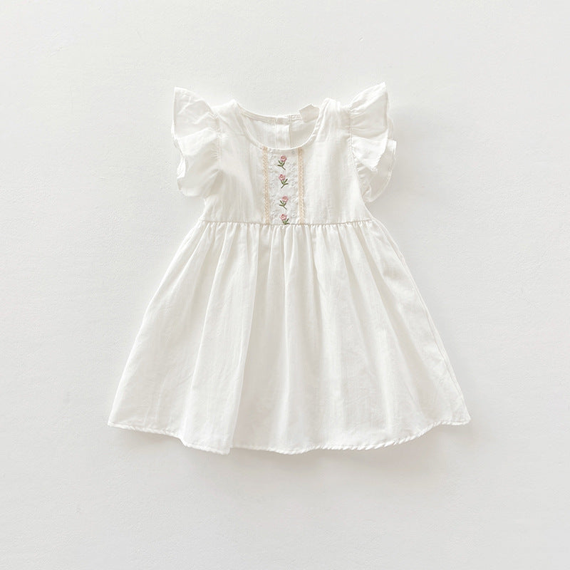 Girls Cotton Lace Embroidered Flower Short Sleeve Dress