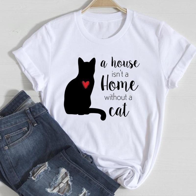Cute Cat Print T-Shirt – Women's European & American Style Short Sleeve Top