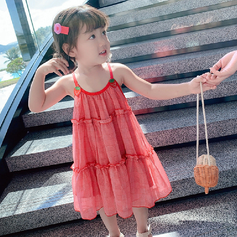 Girls' Skirt Strawberry Mesh Suspender Dress