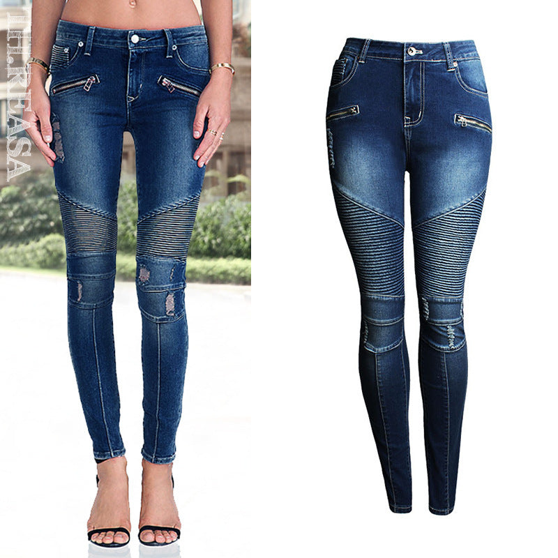 Women's Motorcycle Biker Jeans – Mid to High Waist Stretch Skinny Denim Pants with Zipper