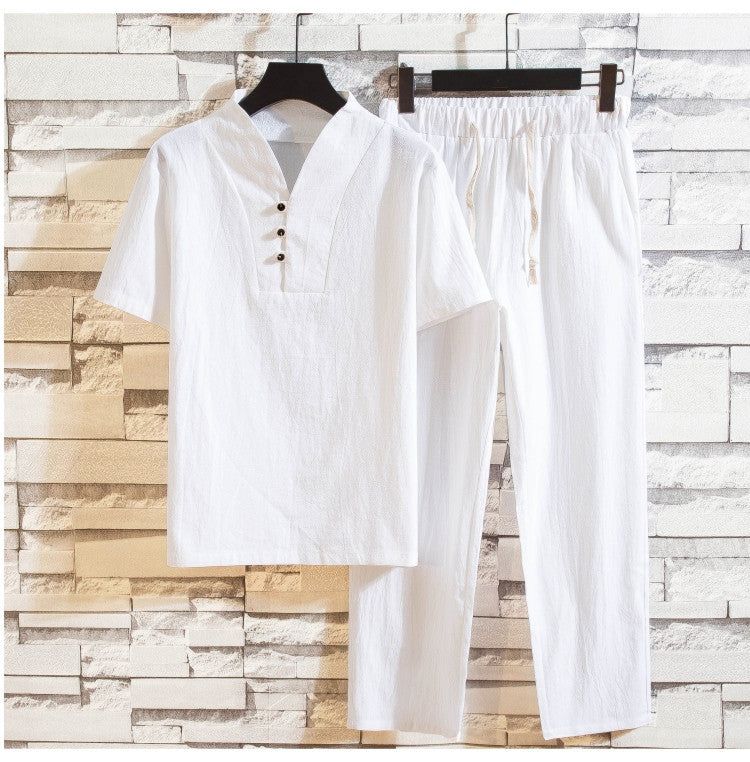 Summer linen suit men's cotton short sleeve