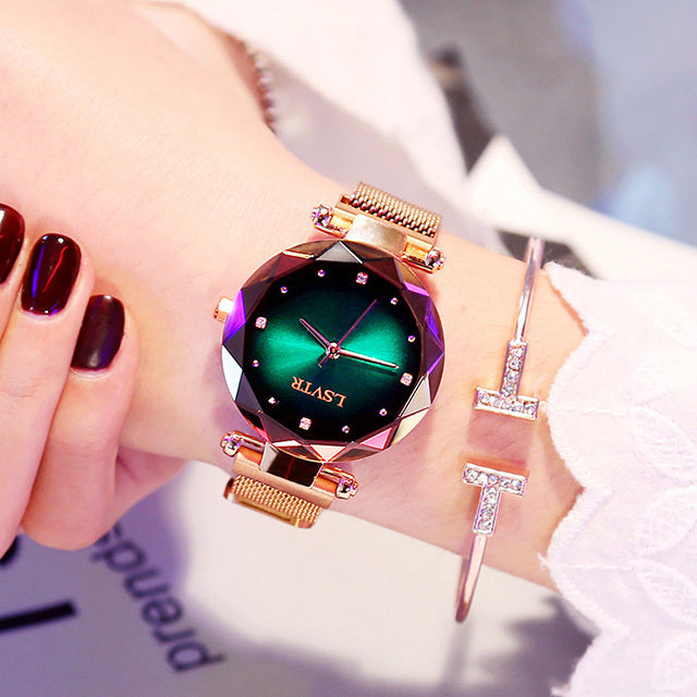 Slim Rose Gold Women's Diamond Starry Sky Magnet Strap Watch