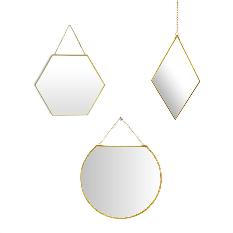 Brass Hexagonal Cosmetic Mirror – Wall-Mounted Bathroom Vanity, Modern
