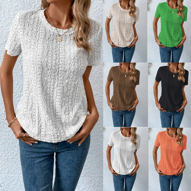 Women's Hollowed Leisure Round Neck Cotton Solid Tee