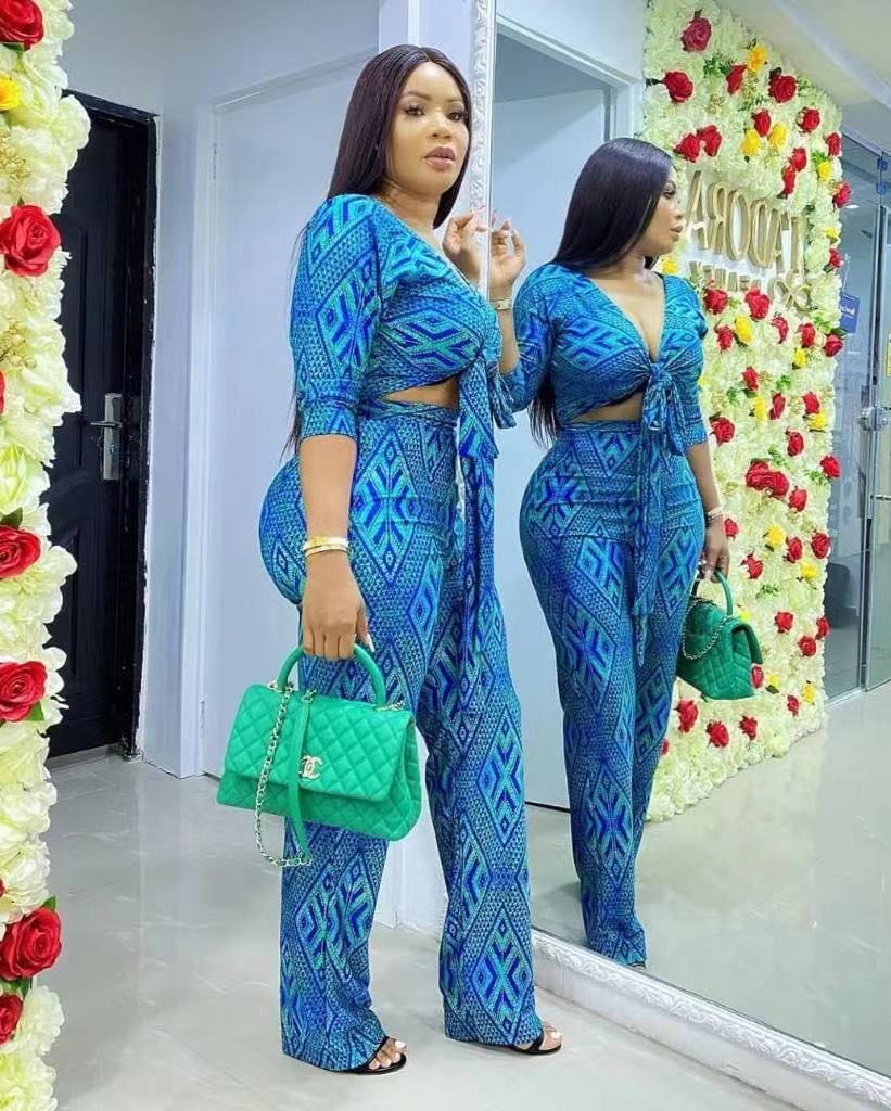 Women's African Polyester Two Piece Top And Pants Set