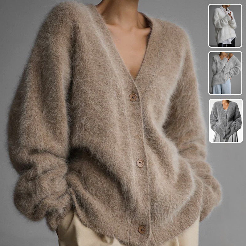 Womens Loose V Neck Button Cardigan Knit Polyester Relaxed