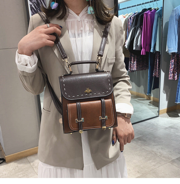 Women's Vintage PU Leather Patchwork Backpack Preppy Style