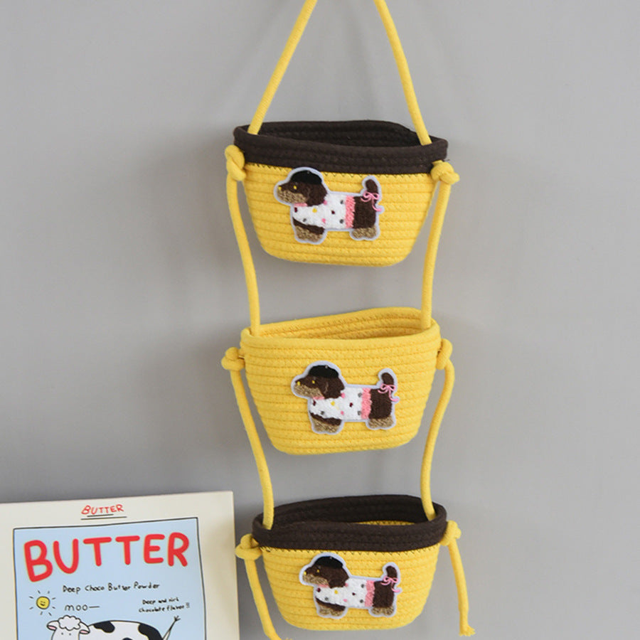 3-Layer Hanging Woven Storage Basket – Cute Cartoon Design