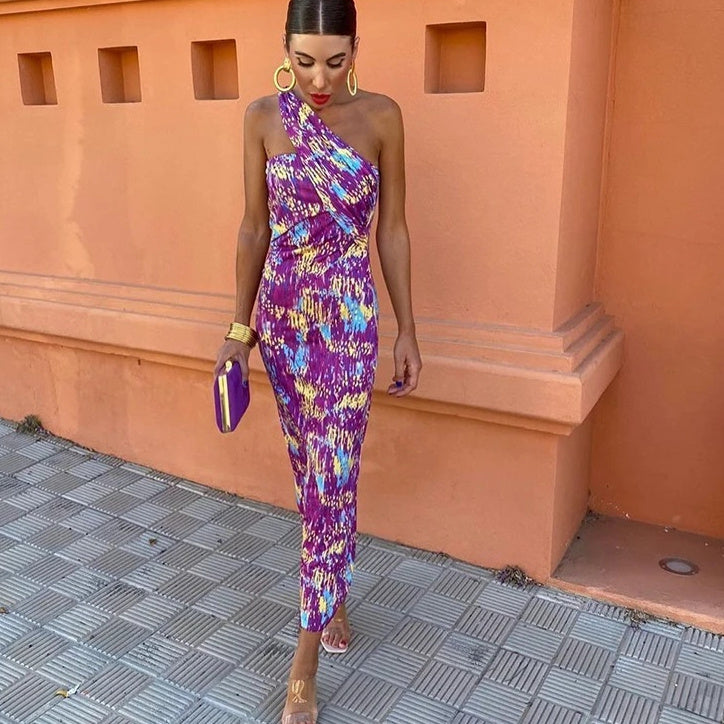 Women's Slim Fit Printed Backless Maxi Dress Polyester