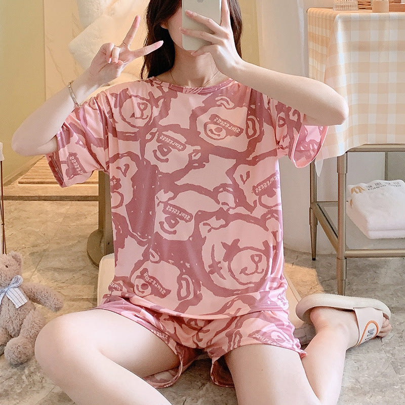Unisex Milk Silk Short Sleeve Cartoon Shorts Relaxed Fit