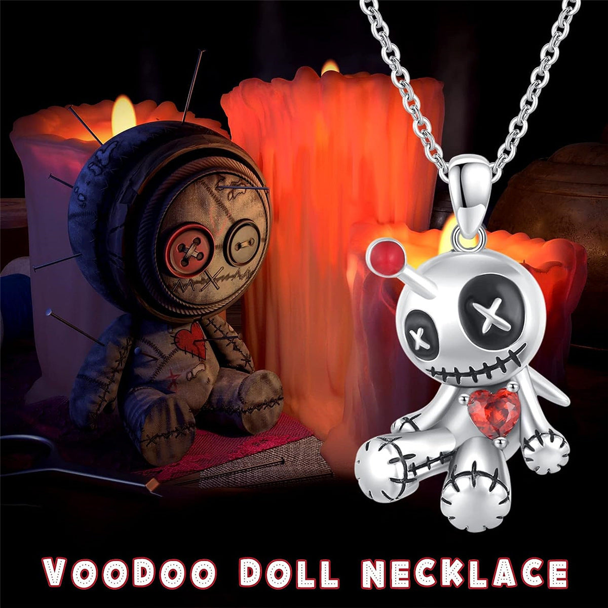 Halloween Voodoo Doll Necklace – Cartoon Red Heart Clavicle Pendant Jewelry Accessory