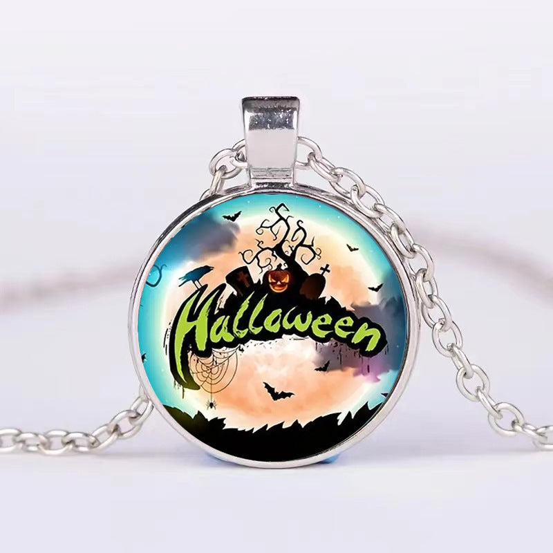 Halloween Pumpkin Ghost Bat Necklace – Round Clavicle Pendant Jewelry for Men and Women