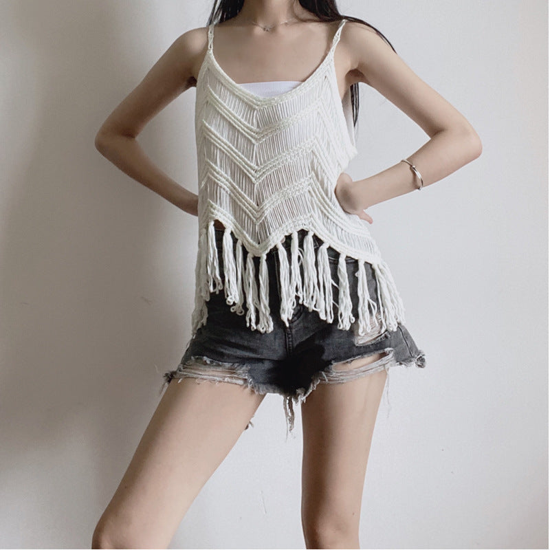 Hollow Tassel Wave Blouse Hand Crocheting Knitted Camisole For Women