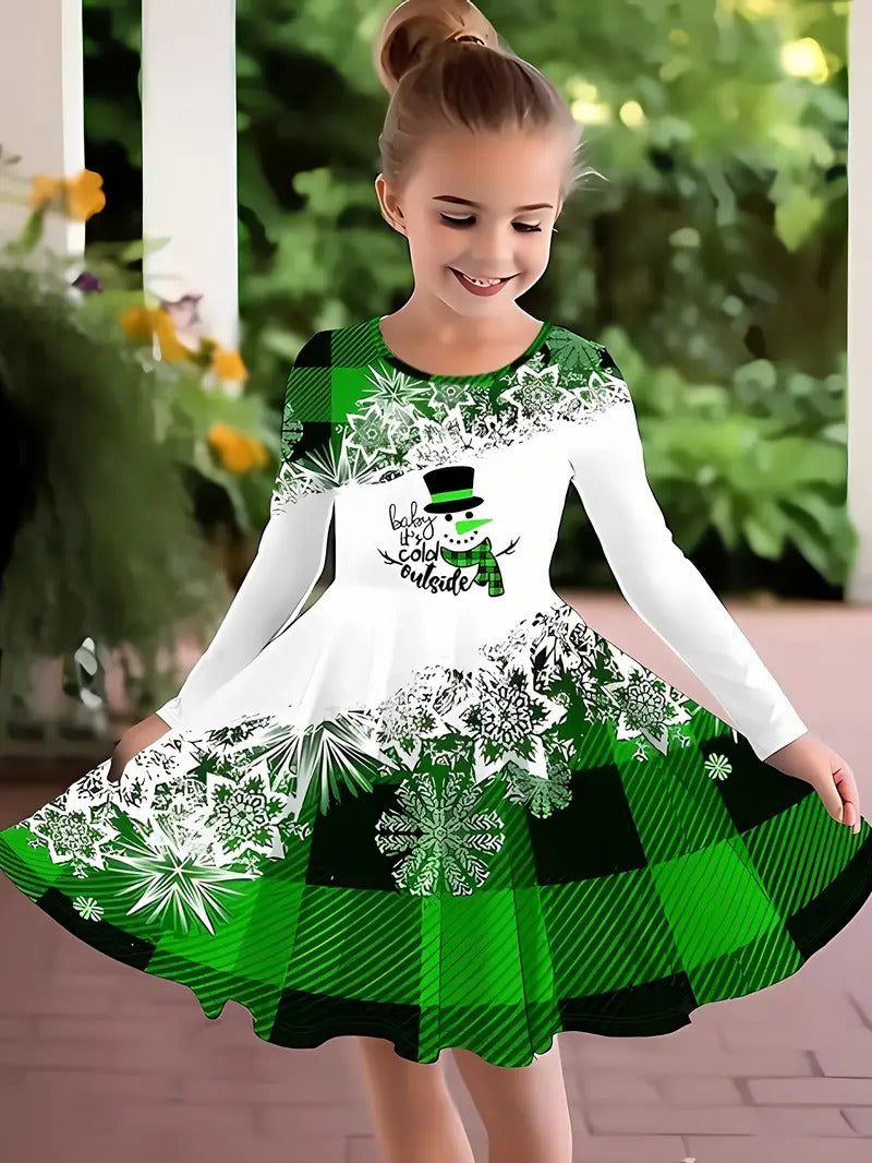 Girl's Long-sleeved Dress Christmas Deer