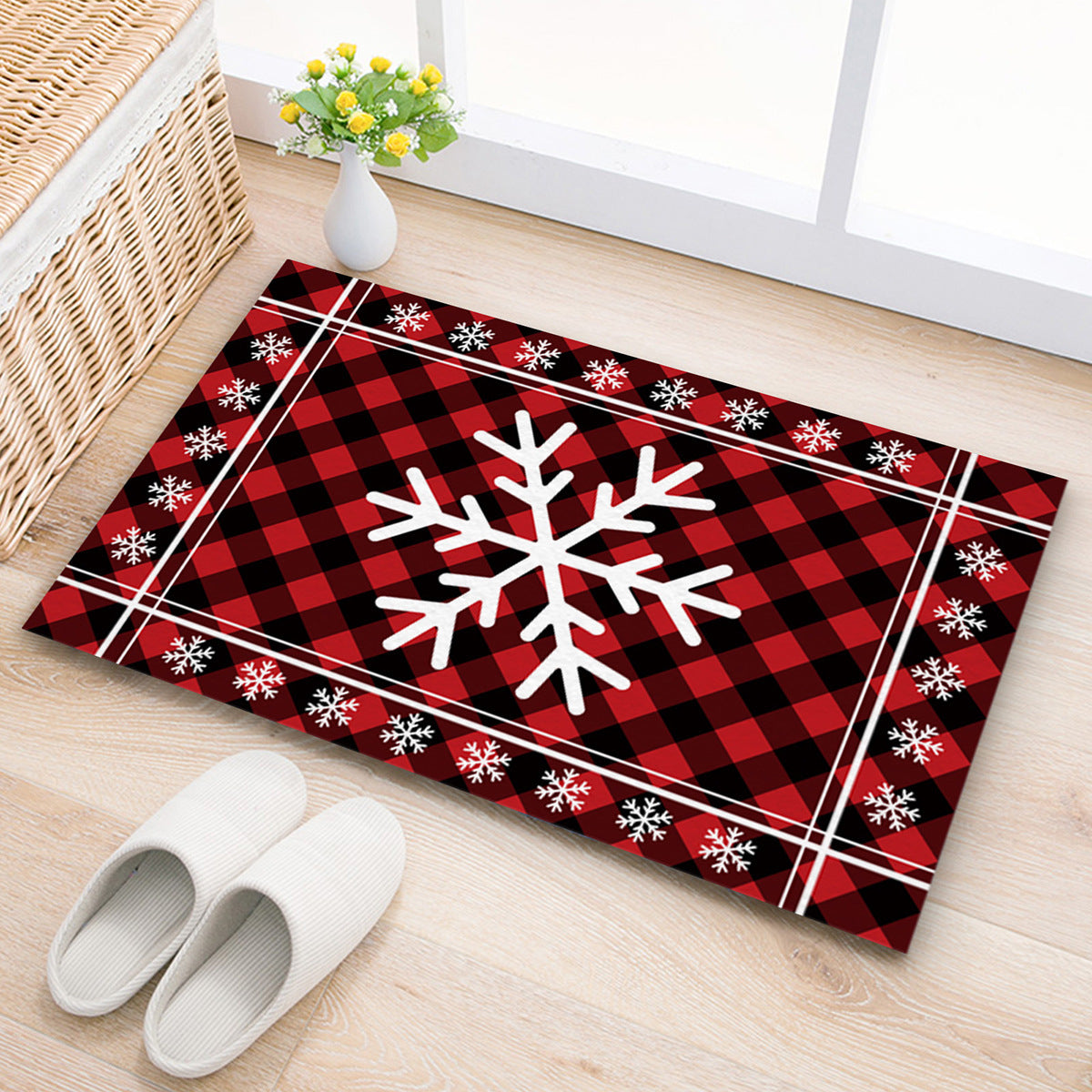 Christmas Non-slip Door Mat Black And Red Plaid Decorative Carpet