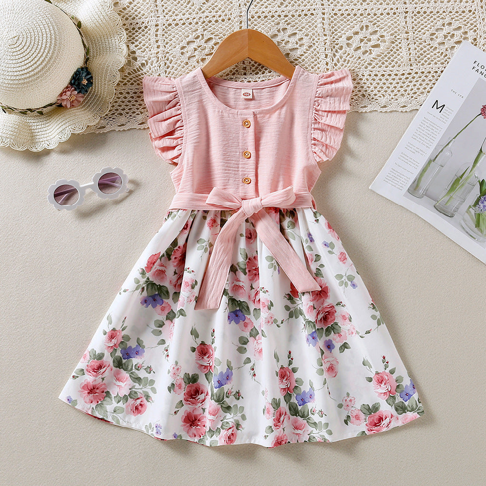 Children's Summer Spring And Summer Lace Sleeve Floral Princess Dress Free Lace-up