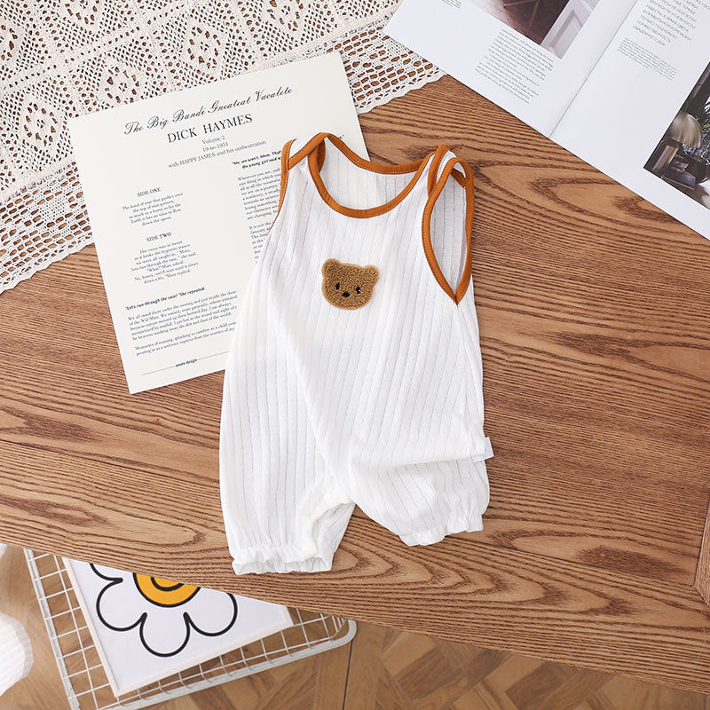 Summer Cartoon Cotton Jacquard Bear Wide Shoulder Jumpsuit