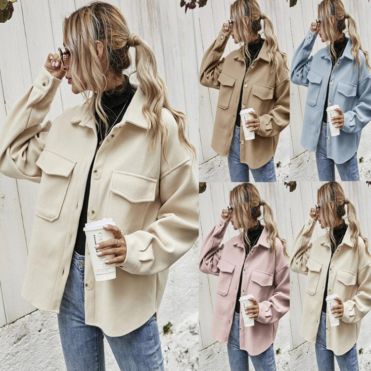 Women's Loose Woolen Coat Lapel Single Breasted Solid