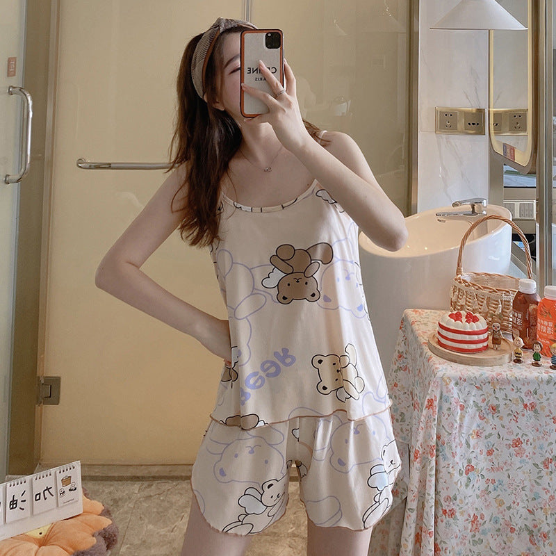 Women's Fashion Simple Camisole Homewear Pajamas Two-piece Set