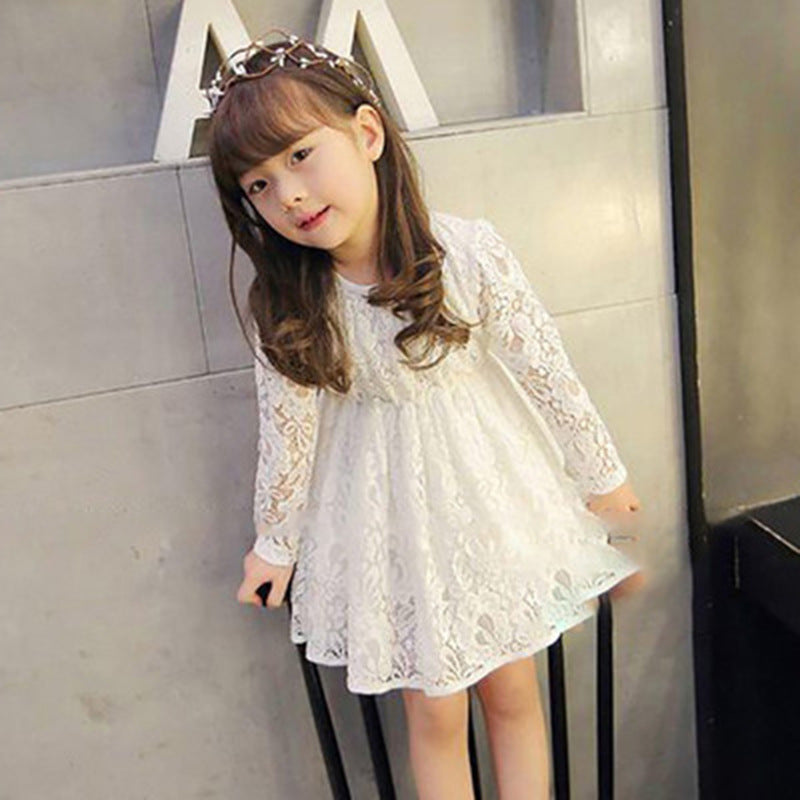 Girls Korean Long Sleeve Lace Round Neck Dress Princess Dress