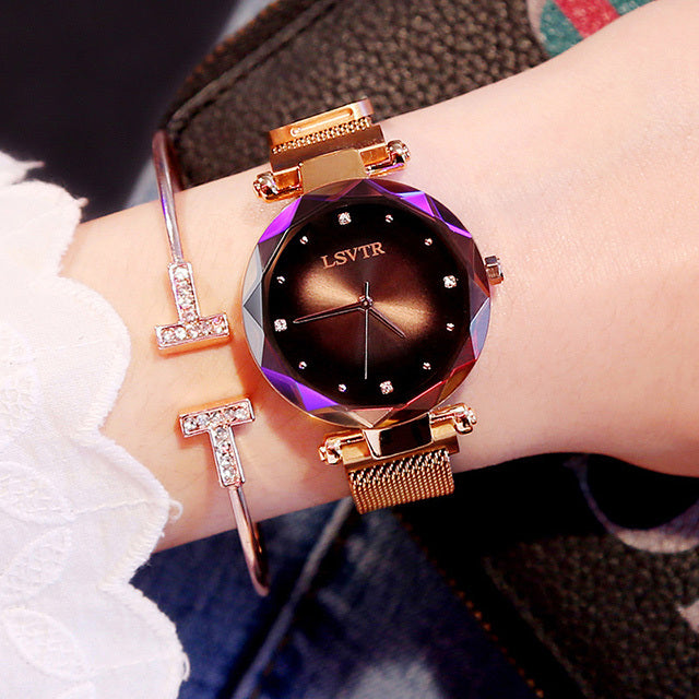 Slim Rose Gold Women's Diamond Starry Sky Magnet Strap Watch