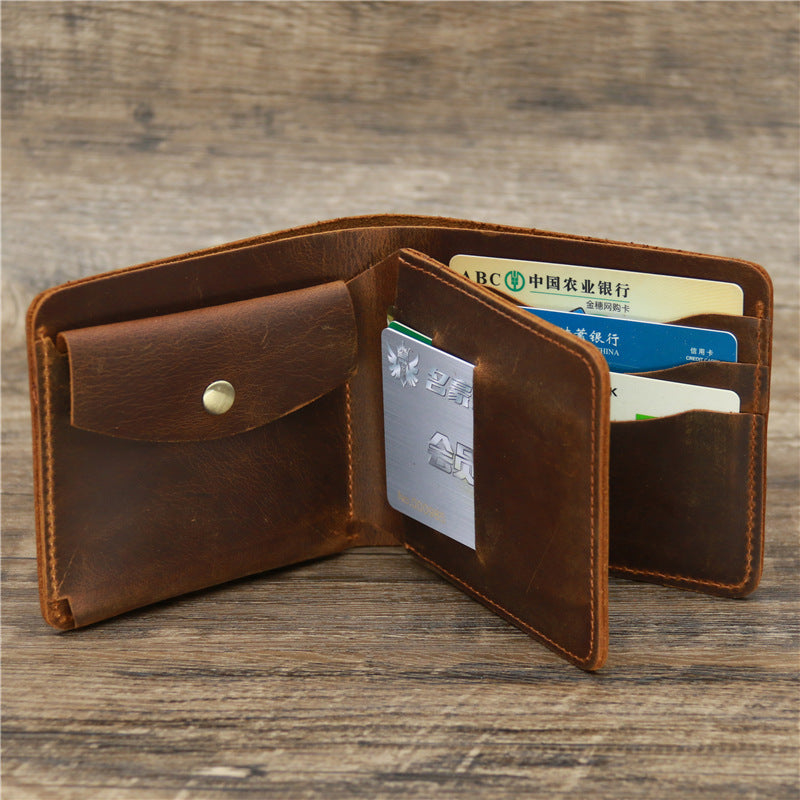 Mens Retro Crazy Horse Leather Tri Fold Wallet Cowhide